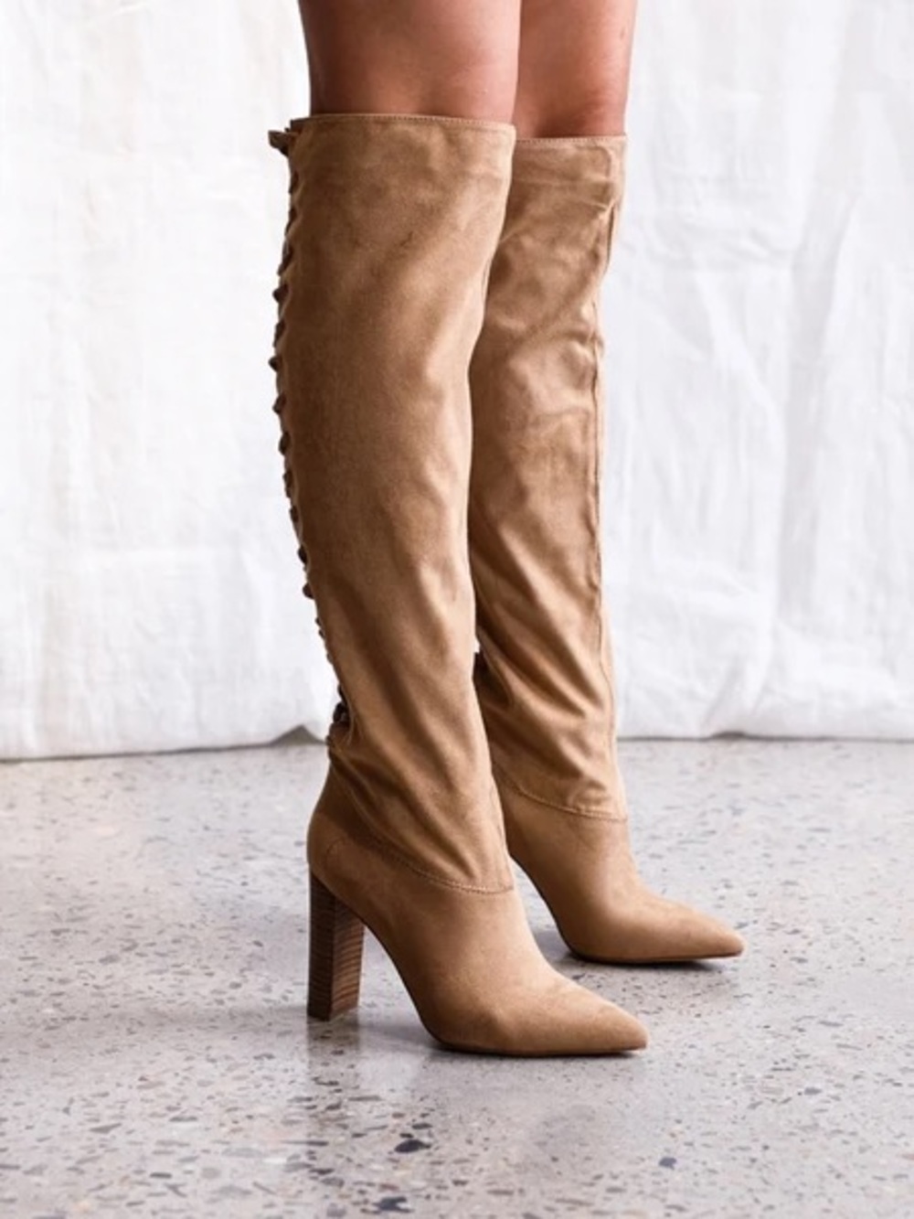 Over-the-Knee Pointed faux Suede Boots in Tan